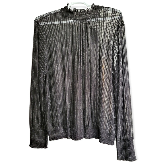 New Semi-Sheer Black Glitter Mockneck Blouse Long Sleeve Top Sheer Turtleneck - Picture 1 of 11
